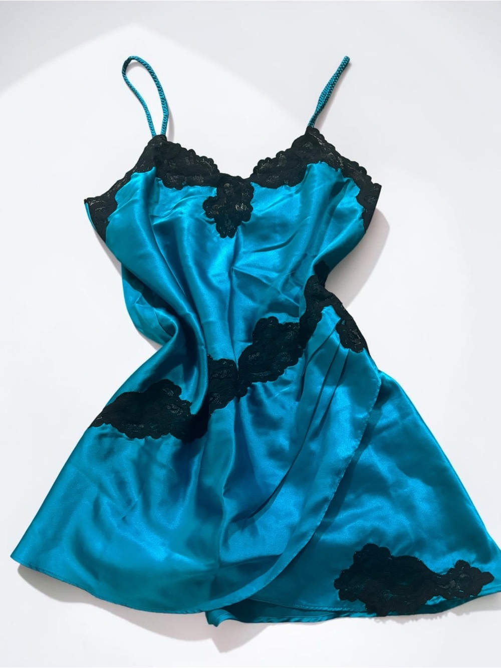 1990s Victoria’s Secret Mermaidcore Teal Satin Lace Trim Mini Slip Dress S